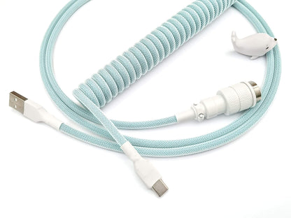 Keyboard cable in teal color with white heat-shrink and white Aviator and USB C to C connection 