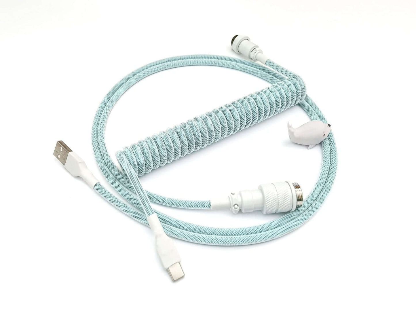 Coiled cable for teal keycas with a coil, Gx16 connector, and USB-C connection, and white cable bite protector