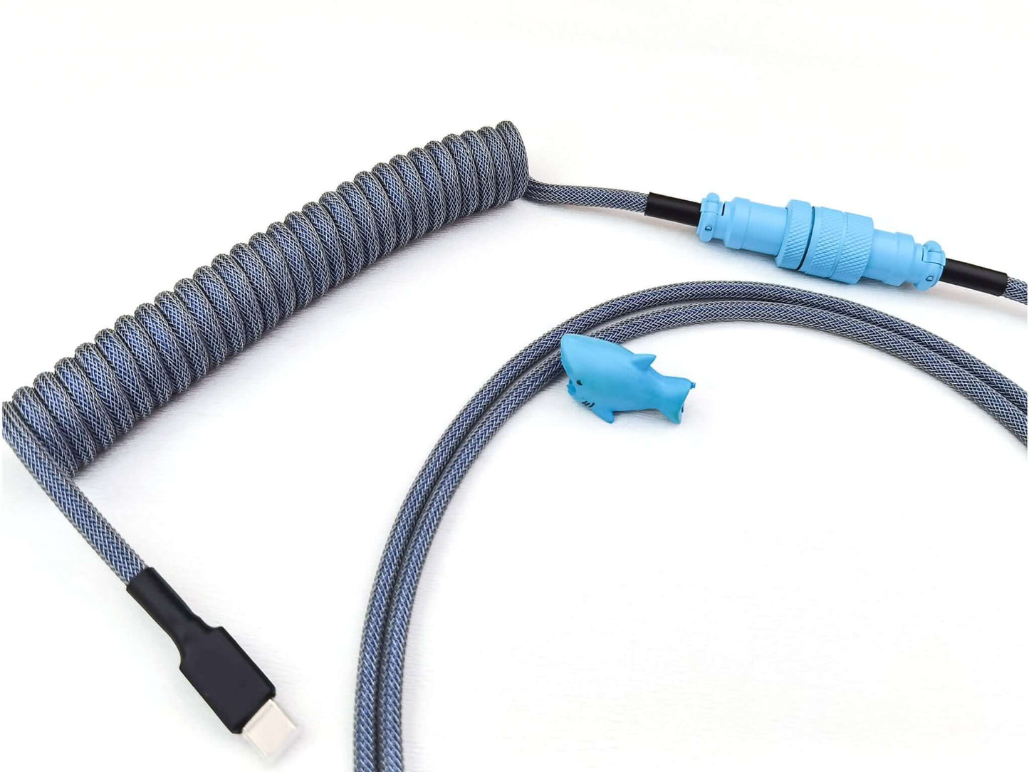 Polycaps whale PBT keycaps custom USB cable with USB C to A connection and black heat-shrink and blue shark cable bite