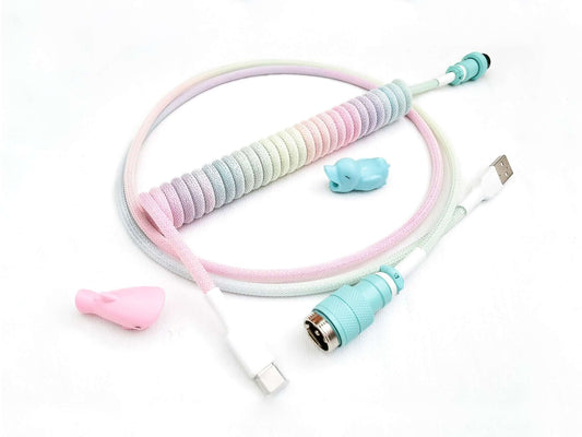 Rainbow coiled cable for POM Jelly keycaps with teal Gx16 connector, white heat shrink and USB C connection.