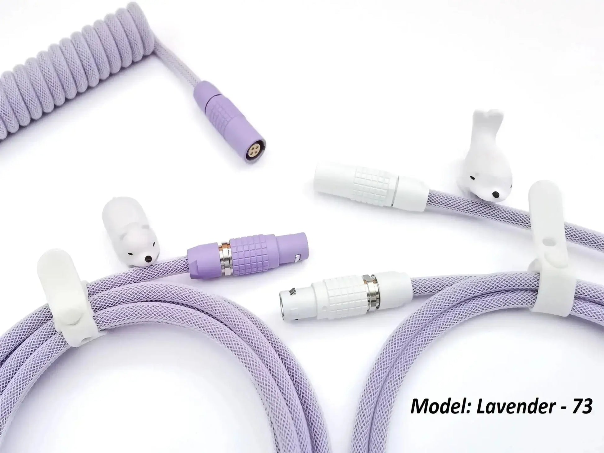Lavender coiled cables, with 4-pin Lemo connectors. Painted in light purple and white.