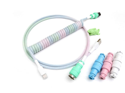 Rainbow coiled cable with green Gx16 connector and white heat shrink and USB C connection.