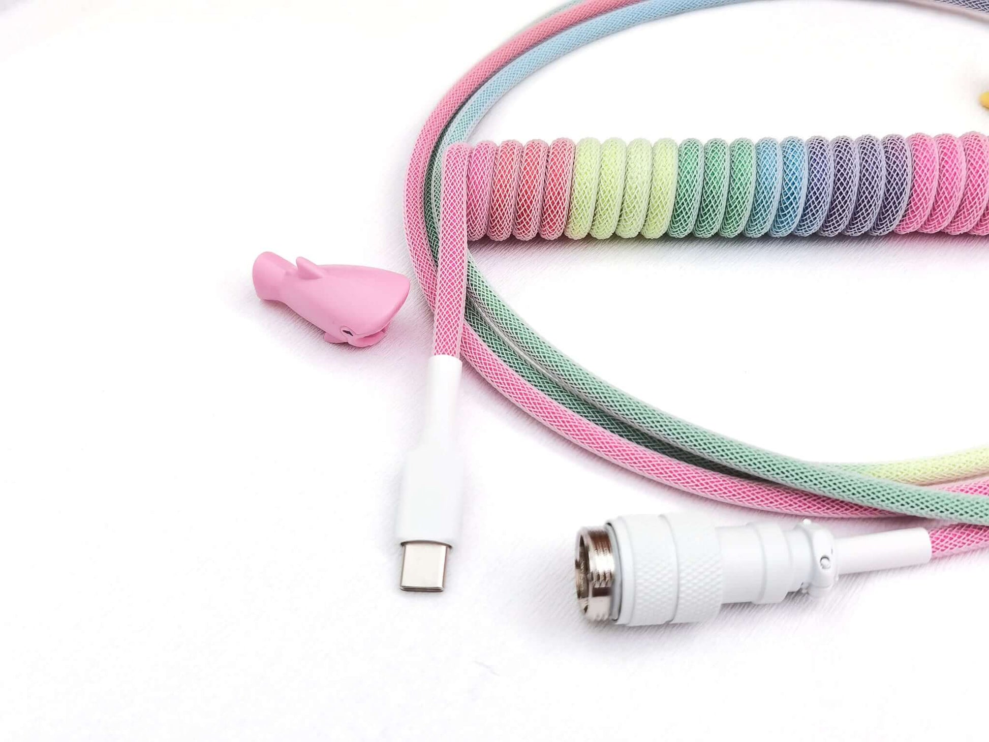 Rainbow keyboard cable with white Aviator connector and USB C to A connection with white heat shrink