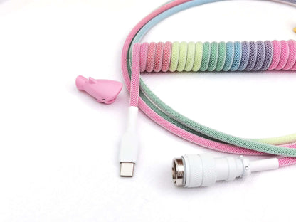 Rainbow keyboard cable with white Aviator connector and USB C to A connection with white heat shrink