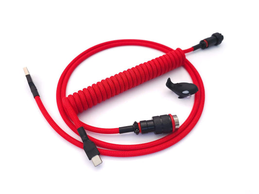 Red Coiled keyboard cable with black Aviator connector and UBS C to C connection