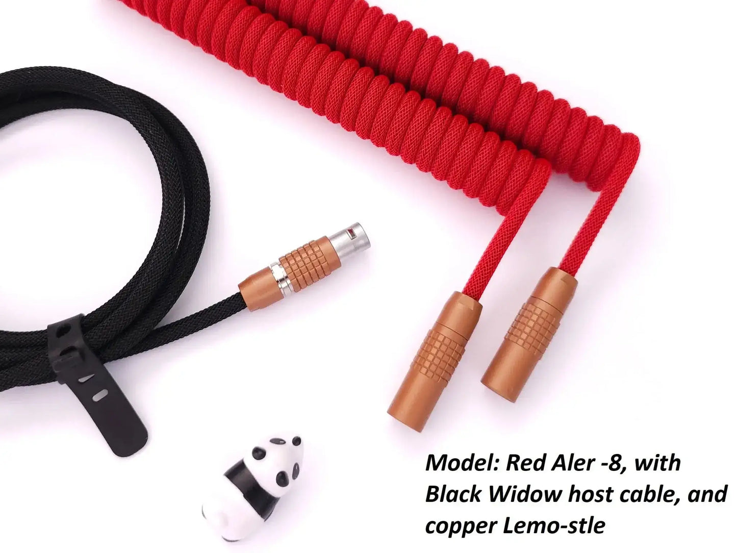 Red coiled cables with painted in copper Lemo connectors and black host cable, with black heat-shrink.