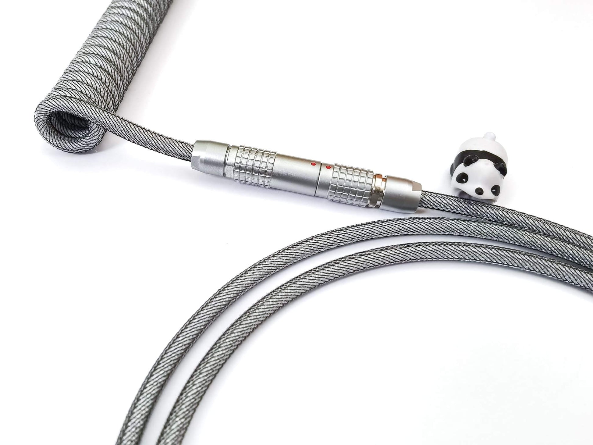 Silver Lemo coiled cable with Lemo-like connector, silver coil, panda cable protector and USB C connection