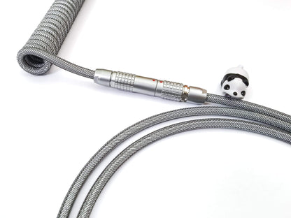 Silver Lemo coiled cable with Lemo-like connector, silver coil, panda cable protector and USB C connection