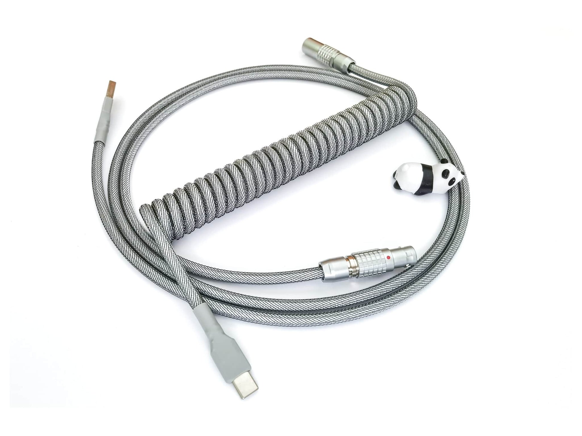 Silver Lemo keyboard cable with coil, Lemo connector in silver, USB C and panda cable bite protector