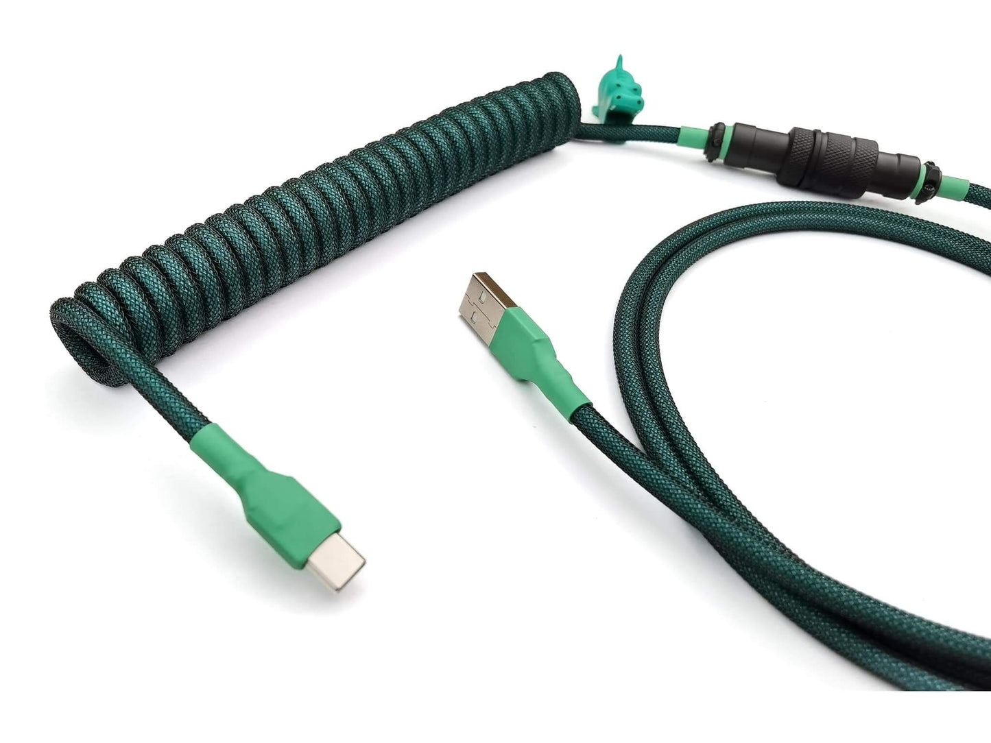 Teal to dark green coiled keyboard cable for green keycaps and green mechanical keyboards with USB C to USB C connection.