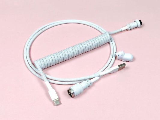 White coiled cable with white coil, white Gx16 connector, white heat shrink and USB C connection, with white bear cable bite