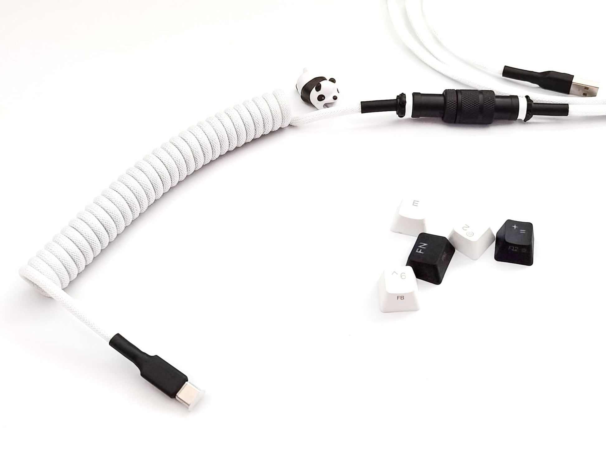 White coil with black Gx16 and black heat-shrink for BOW keycaps and black on white mechanical keyboards.