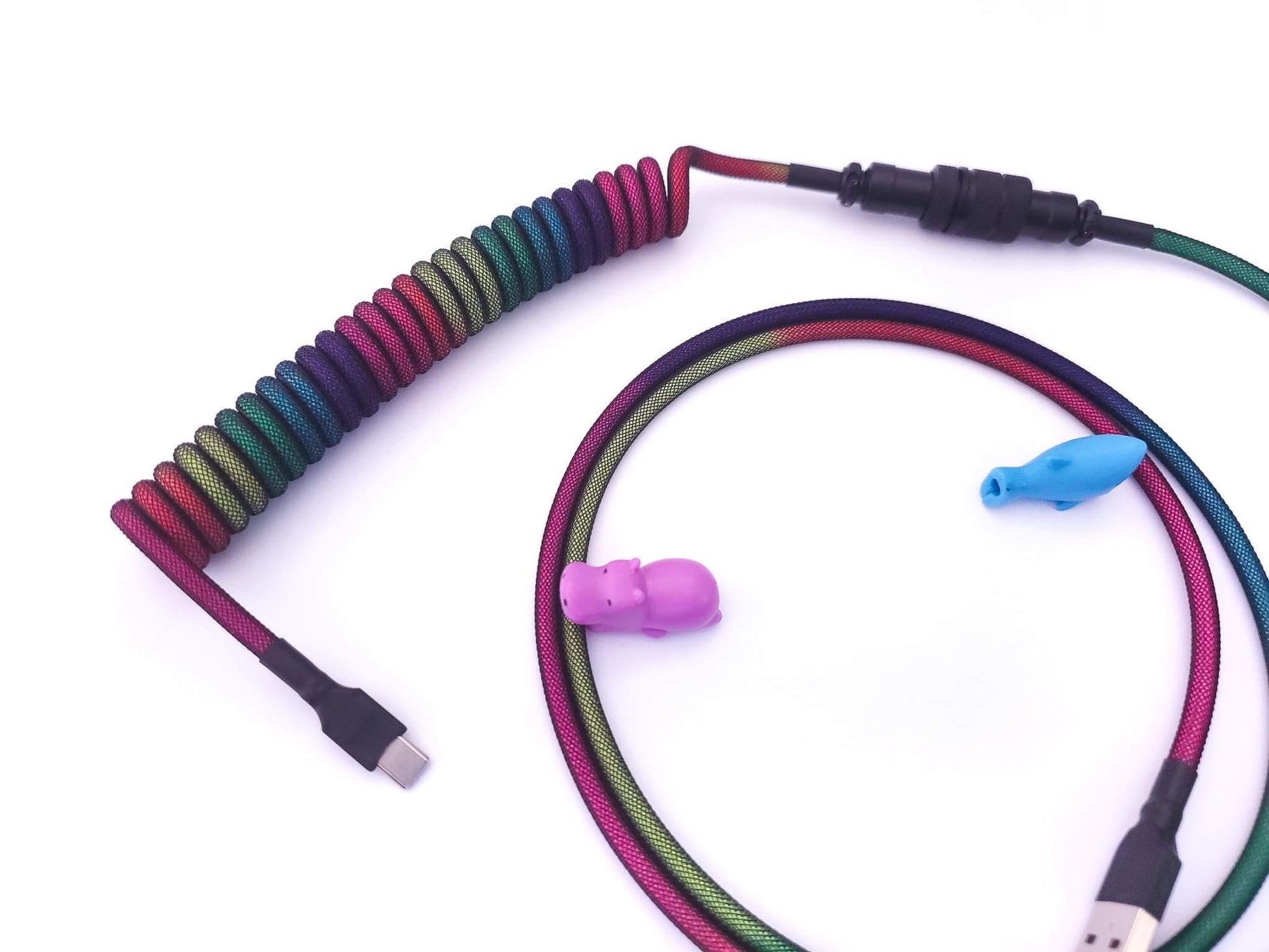 GMK Midnight Rainbow matching keyboard cable with Aviator connector and coil, USBC connection and cable protectors