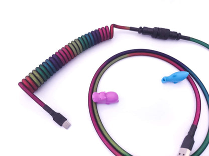 GMK Midnight Rainbow matching keyboard cable with Aviator connector and coil, USBC connection and cable protectors