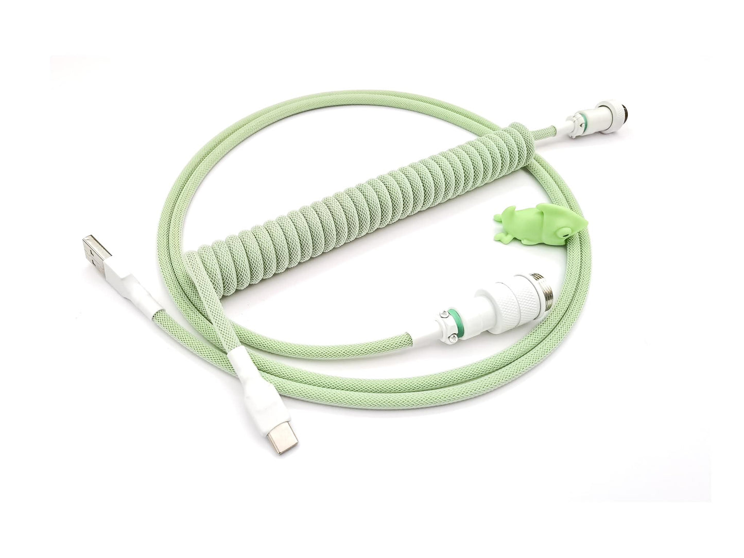 coiled keyboard cable in pastel green and white colors, with white Gx16 connector, and white heat shrink