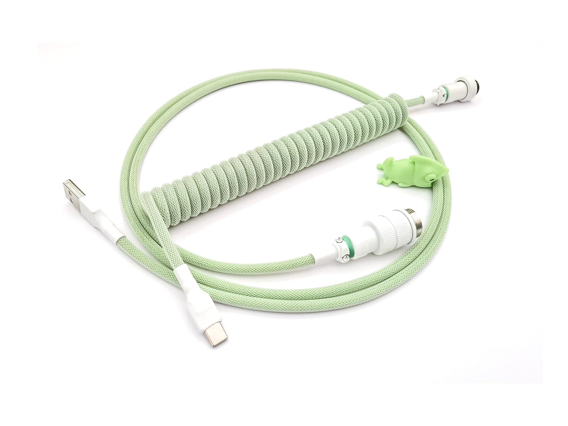 coiled keyboard cable in pastel green and white colors, with white Gx16 connector, and white heat shrink