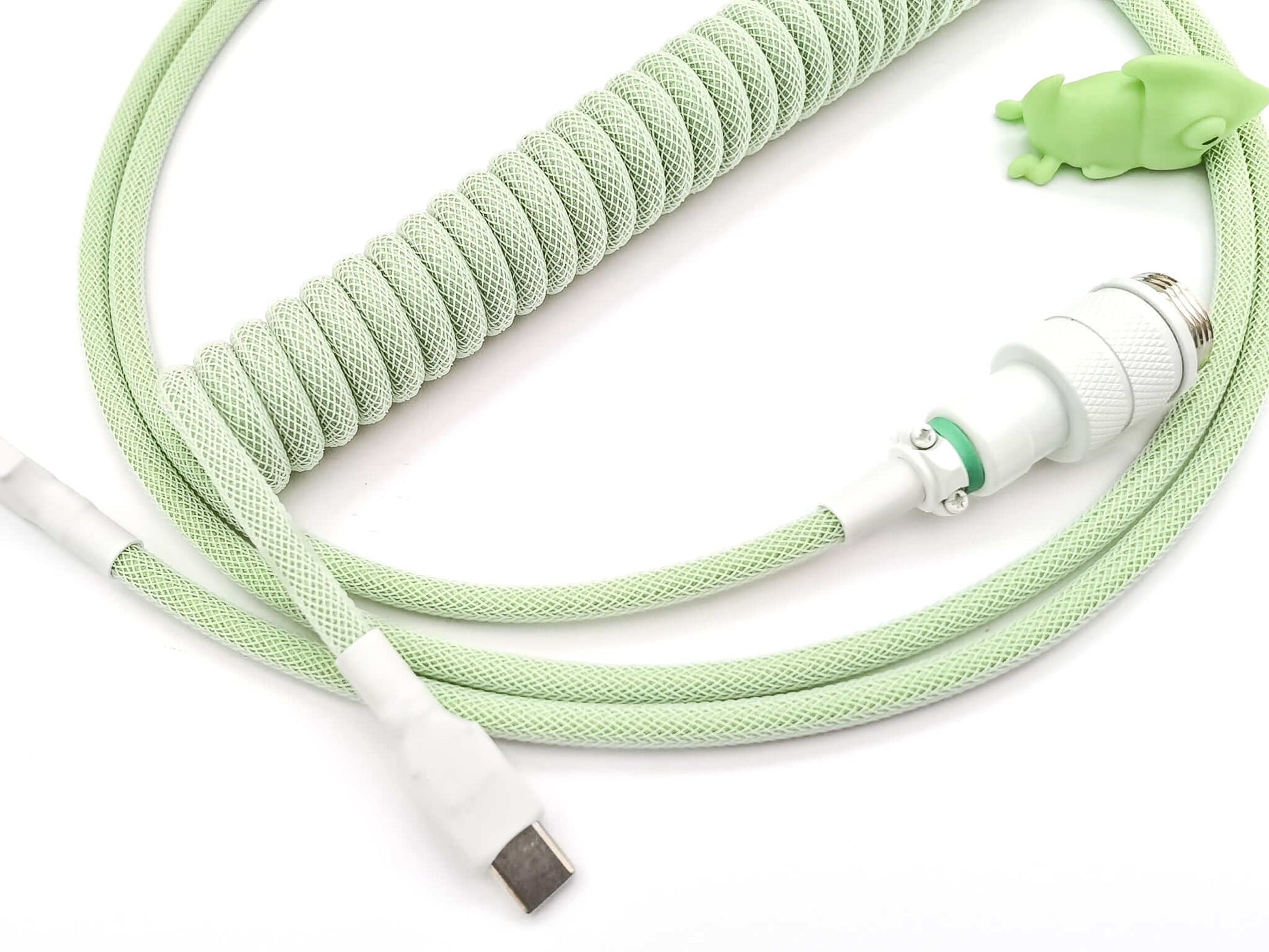 pastel green custom usb-c cable with green coil, white Aviator connector and white heat shrink
