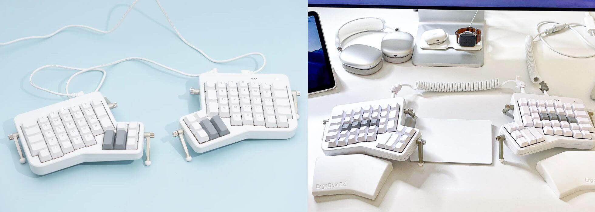 white custom trrs cable on white Ergodox split mechanical keyboard