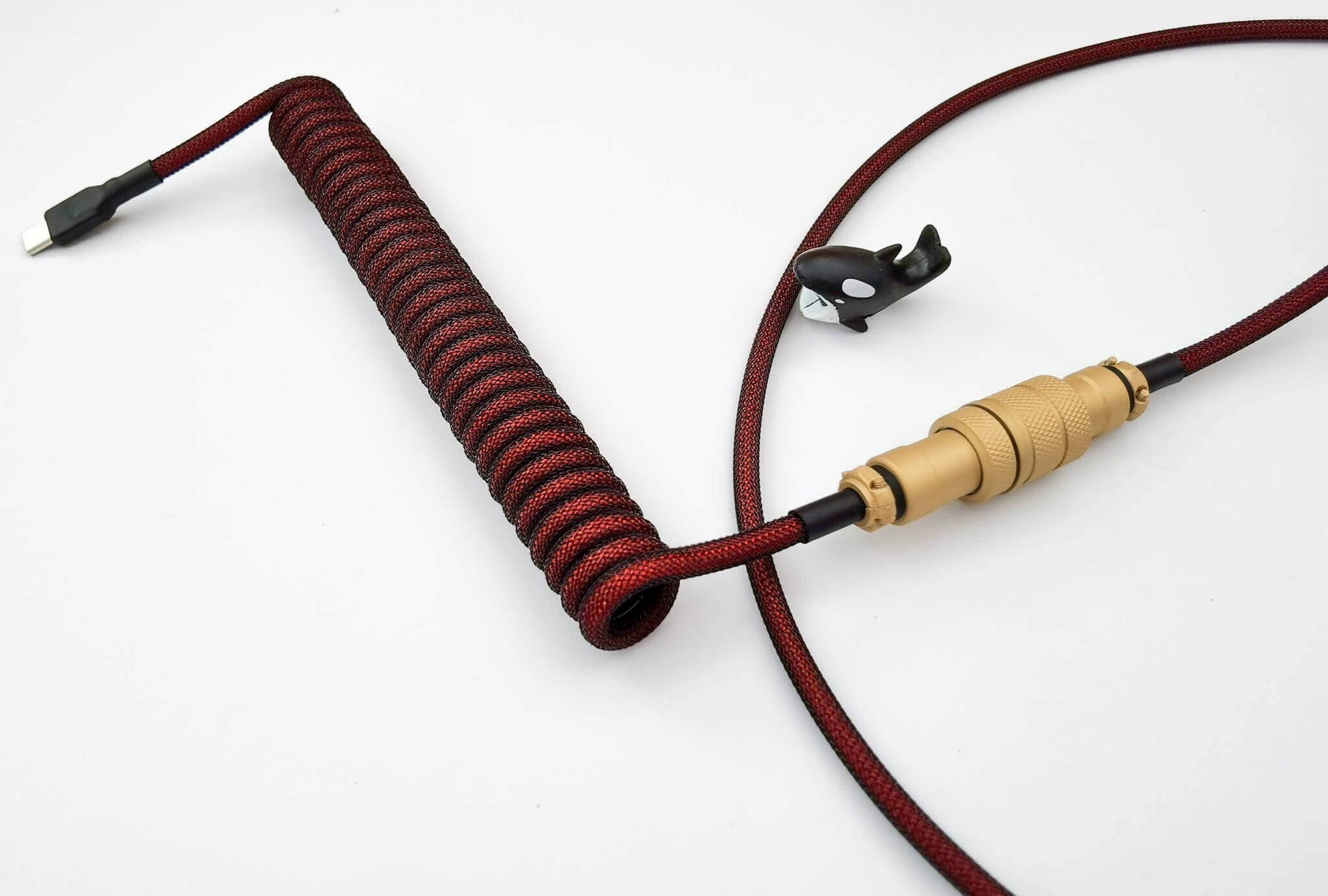 GMK Red Samurai coiled usb c cable with Aviator connector and black heat shrink