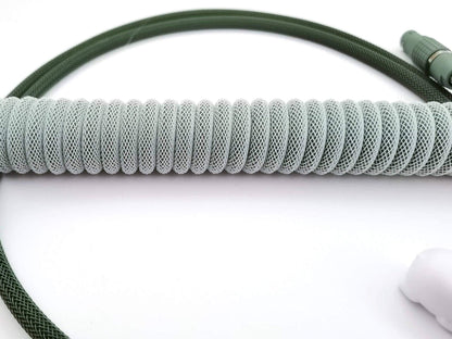 GMK Botanical coiled cable, with Lemo connector and USB C to A connection.