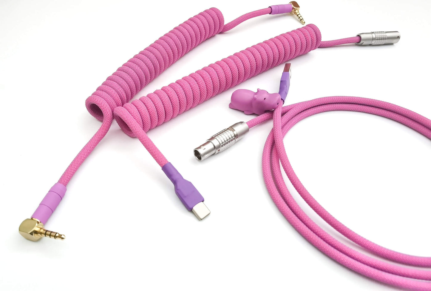 pink coiled TRRS and LEMO cable