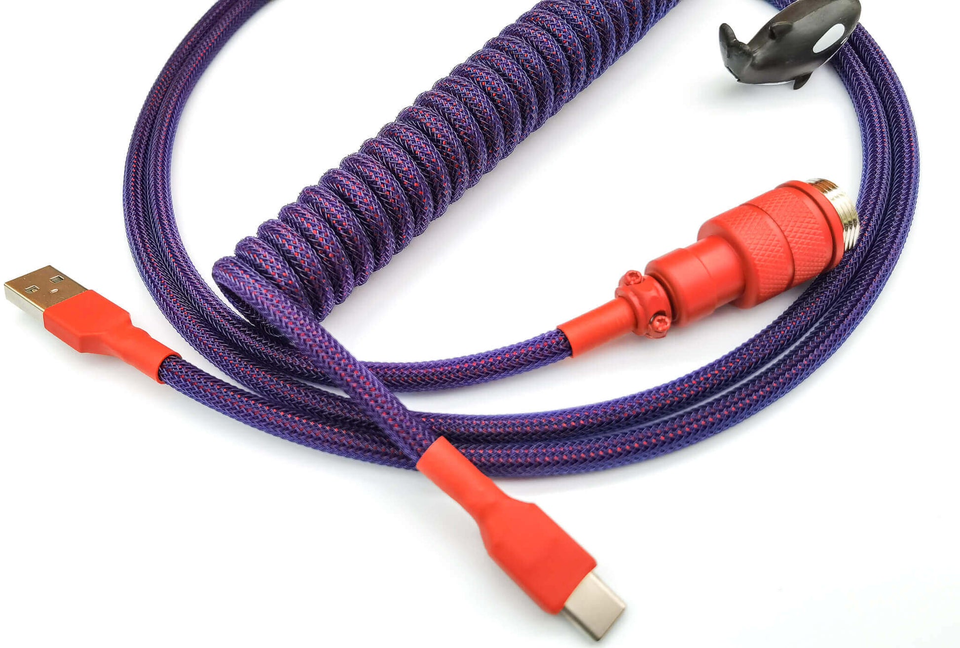 Red Laser coiled keyboard cable with dark purple coil, red Gx16 and red heat shrink